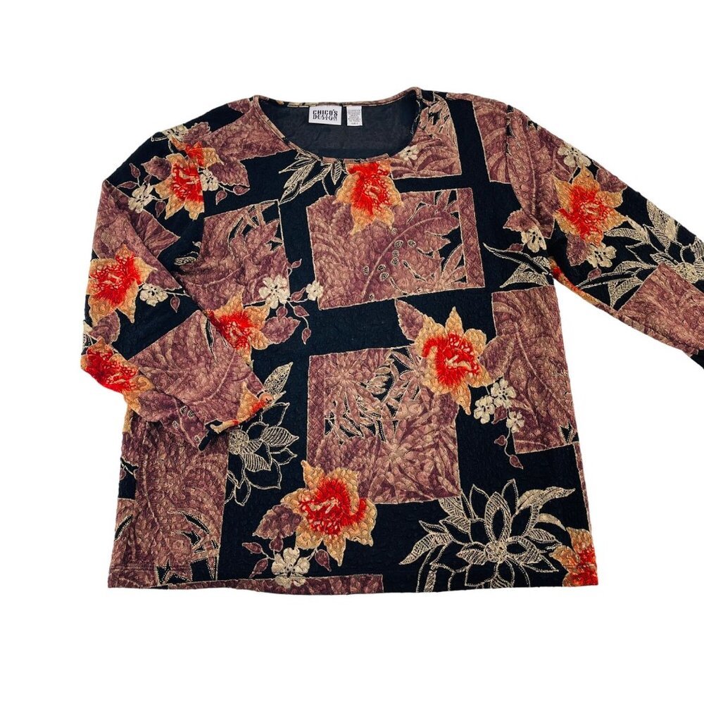 Chicos Design‎ vintage Floral Patchwork Velvet Burnout Top Long Sleeve Size 3 XL